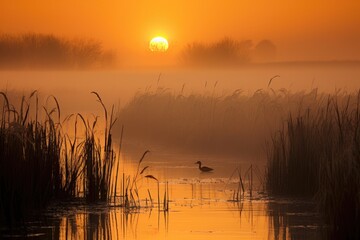 Wall Mural - a peaceful and mist-covered marshland with tall reeds and birdlife, ducks, and waterfowl at sunrise 