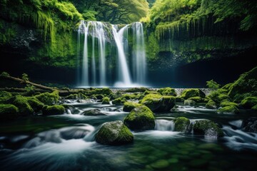 Wall Mural - a majestic waterfall surrounded by lush green vegetation and moss-covered rocks, stunning scenic wor