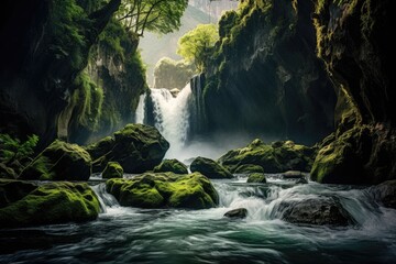 Wall Mural - a majestic waterfall surrounded by lush green vegetation and moss-covered rocks, stunning scenic wor