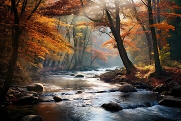 Wall Mural - fall on the river with the changing leaves, stunning scenic world landscape wallpaper background