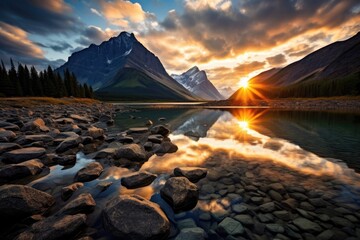 Wall Mural - a serene alpine mountain lake reflecting the surrounding high mountain peaks that are snow covered, 