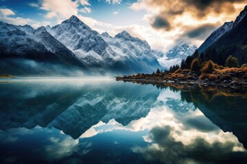 Wall Mural - a serene alpine mountain lake reflecting the surrounding high mountain peaks that are snow covered, 