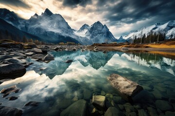 Wall Mural - a serene alpine mountain lake reflecting the surrounding high mountain peaks that are snow covered, 
