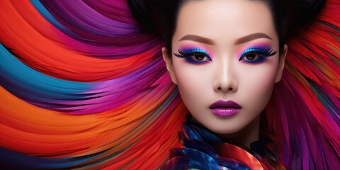 Wall Mural - Asian woman wearing colorful makeup in a blue and orange background