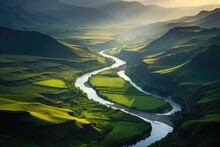 A picturesque countryside with a winding river, Stunning Scenic World Landscape Wallpaper Background