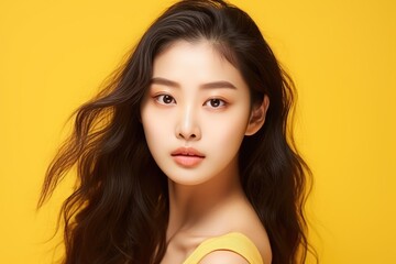 Wall Mural - Asian woman with curly long hair wearing make up in a yellow background