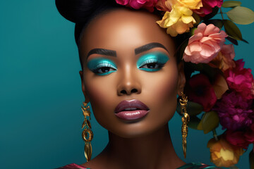 Wall Mural - African girl wearing make up and flowers in a blue background