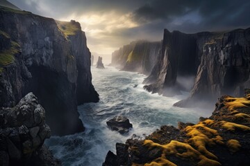 Wall Mural - A remote island with rugged cliffs and crashing waves, Stunning Scenic World Landscape Wallpaper Background