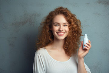 Wall Mural - Woman holding a cream bottle for skin care