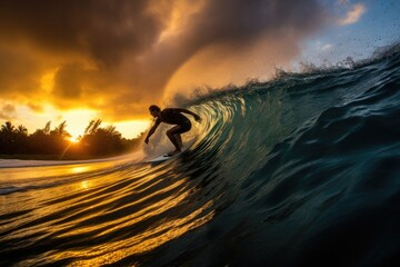 Wall Mural - a professional surfer shown in silhouette while surfing in the wave tube in hawaii at sunset, Stunning Scenic World Landscape Wallpaper Background