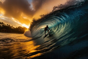 Wall Mural - a professional surfer shown in silhouette while surfing in the wave tube in hawaii at sunset, stunni