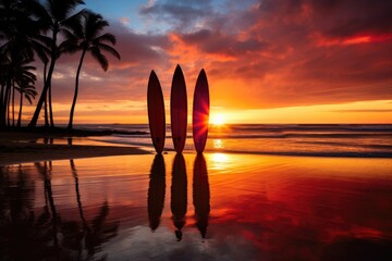 Wall Mural - three 3 surfboards standing vertical in silhouette on a beach in hawaii at sunset, Stunning Scenic World Landscape Wallpaper Background
