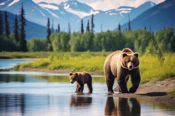 Wall Mural - A mother grizzly bear and a cub walking along a river in Alaska, Stunning Scenic World Landscape Wallpaper Background