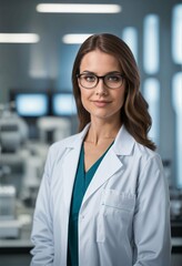 Wall Mural - Modern laboratory with team of medical specialists and beautiful young woman scientist in white coat and glasses copyspace