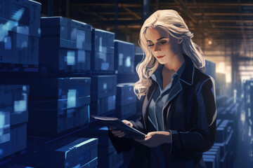 Wall Mural - Woman standing in warehouse, looking at tablet. This image can be used to illustrate technology in industrial settings or for showcasing inventory management.