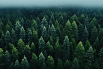 Poster - serene landscape of forest filled with pine trees, enveloped in thick fog. this image captures beaut