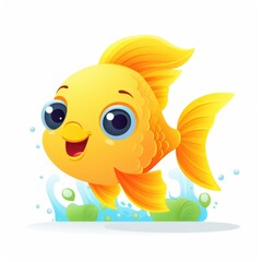 A cartoon goldfish swimming in a pond of water. Digital image.