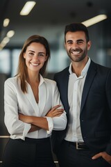 Wall Mural - two male and female business people with a confident smile standing in an office. generative AI