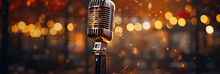 Banner With Close-up Of A Microphone Against Glittering Blurry Autumn Background