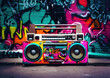 Retro old design ghetto blaster boombox radio cassette tape recorder from 1980s in a grungy graffiti covered room.music blaster	
