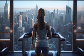 Sports girl athlete in sportswear runs on a treadmill. Vigorous training of sportswoman in the gym alone. View from the window of the city's business district. back portrait