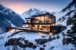 Discover a jaw-dropping scene of a super realistic small house perched gracefully on a hilltop, surrounded by the majestic beauty of a cascading waterfall, a sparkling glacier, and a pristine blanket 
