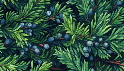 Seamless pattern watercolor macro yew or juniper branches densely packed.