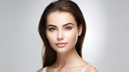 Wall Mural - radiant beauty portrait: a captivating close-up of a young woman with flawless skin and long brown h