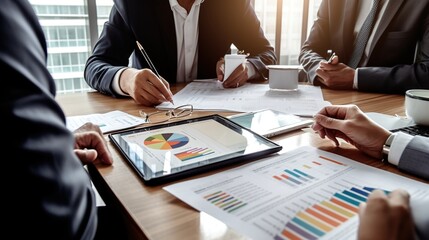 Poster - market data, balance sheets, accounts, and net profits and to create new sales strategies to enhance output, confident businesspeople point to graphs and charts.  generative ai