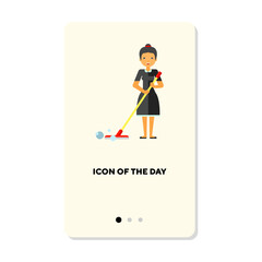 Sticker - Maid or hotel staff with mop flat icon. Vertical sign or vector illustration of person working for clients element. Occupation, service, assistance for web design and apps