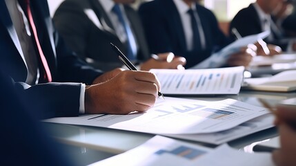 Poster - In the office, the business team is examining income graphs and charts. Up close. Concept of business analysis and strategy, generative ai