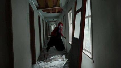 Wall Mural - scary clown with red hair coming after you 4k features an a.i. generated video with a scary clown cr