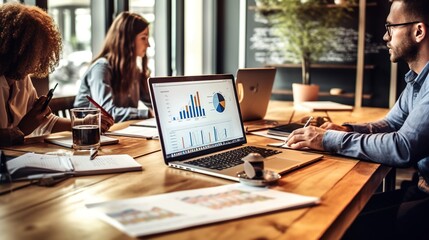 Poster - analysts in the workplace are studying financial data for marketing strategy at the workspace, and t