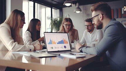 Poster - Analysts in the workplace are studying financial data for marketing strategy at the workspace, and there is a stack of BI dashboard paper format with graphs and charts, generative ai