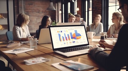 Poster - Analysts in the workplace are studying financial data for marketing strategy at the workspace, and there is a stack of BI dashboard paper format with graphs and charts, generative ai