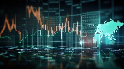Poster - Financial figures, glowing lines, and a diagram of a trading market are displayed on a digital screen against a background of the global map, generative ai