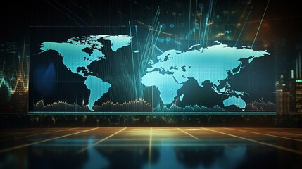 Poster - Financial figures, glowing lines, and a diagram of a trading market are displayed on a digital screen against a background of the global map, generative ai