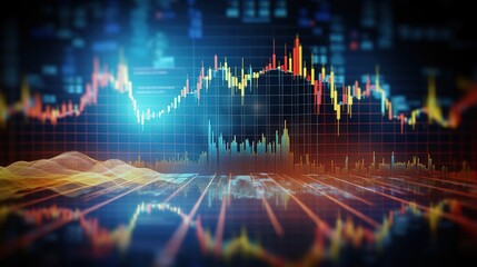 Poster - Financial figures, glowing lines, and a diagram of a trading market are displayed on a digital screen against a background of the global map, generative ai