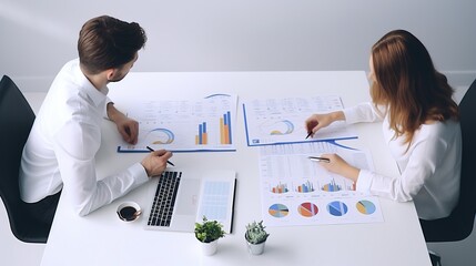 Poster - Collaboration with a businessman reviewing cost graphs on a table in a conference room, generative ai