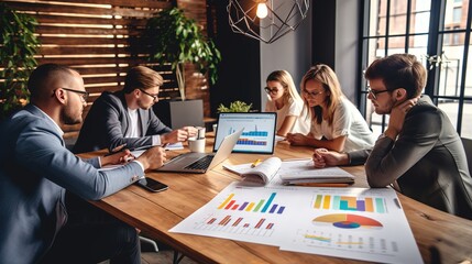 Poster - at a meeting, a group of businesspeople brainstorms about current finance and the economy on the fir