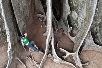 Beautiful Asian woman Posing in a standing and happy pose at the base of a big tree. And this tree is very large and is a popular attraction for Thai tourists. Located in Uthai Thani city , Thailand.