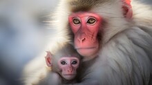 Japanese Snow Monkey Family, Monkey Relaxing In Hot Mineral Waters, Steaming Water, Carrying Her Son On Her Back, Mountain Background, AI Generated