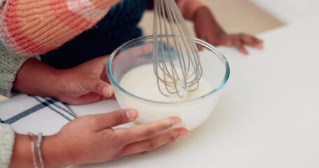 Sticker - Cooking, breakfast and pancakes with mother and daughter in kitchen for cookies, helping or learning. Food, love and support with woman and young girl in family home for dessert, recipe or pastry