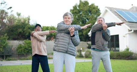 Canvas Print - Arms, stretching or senior friends in fitness training together for health or exercise in retirement. Warm up, elderly men or old people in park to move body in workout for wellness or flexibility