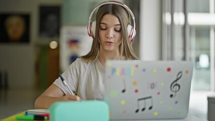 Poster - Young beautiful girl student having video call taking notes at library