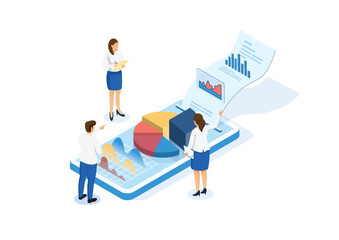 Poster - Data analysis, financial statement or accounting, business revenue or investment budget with marketing profit, tax, budget or marketing, isometric businessman and pie chart data report on smartphone