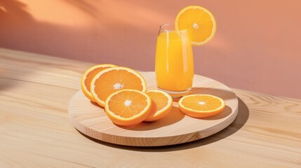 Wall Mural - Fresh orange juice in a glass with orange slices on a wooden plate.