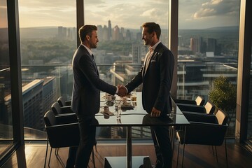 Two businessmen shaking hands in celebration of a successful deal.  'generative AI'