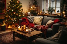The Interior Of A Cozy Home Is Thoughtfully Adorned In Preparation For The Christmas And New Year Holidays Celebrations, Exuding Warmth And Festive Charm.