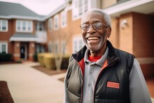 Portrait Of A Senior African American Man Standing Outside Of His Nursing Home And Looking At The Camera